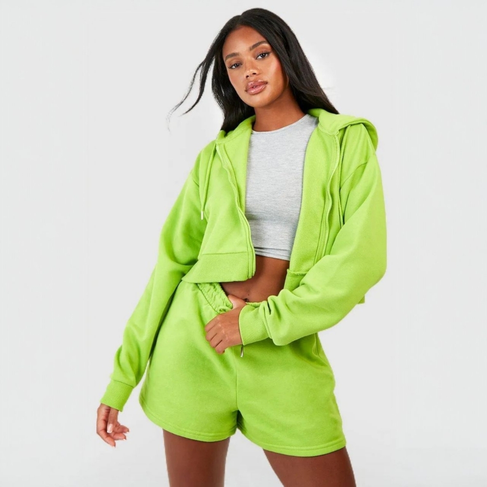 Boohoo Neon Green 2 Piece Cropped Hoodie And Shorts Set NWOT small